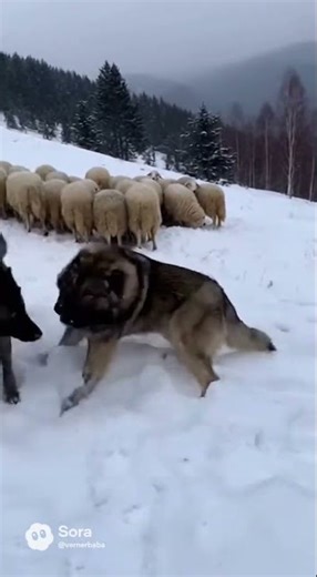 Caucasian Shepherd guards sheep, confronts a black wolf and wins—one real scene.
