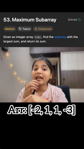Ekta Agrawal on Instagram: "How to find the Maximum Subarray Sum in just one pass? 🚀 In this reel, I’ve explained Kadane’s Algorithm, one of the most important DSA interview questions, using a simple example and clear intuition. 👉 Brute force takes O(n²) — not interview friendly 👉 Kadane’s solves it in O(n) time & O(1) space 👉 The core idea: extend the subarray or start fresh This problem is frequently asked in FAANG interviews, placements, and coding rounds. [Kadane’s Algorithm, Maximum Sub