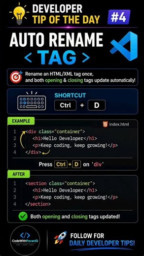 🚀 Developer Tip #4 | VS Code Auto Rename Tag 🤯 Save Time Every Day! #shorts