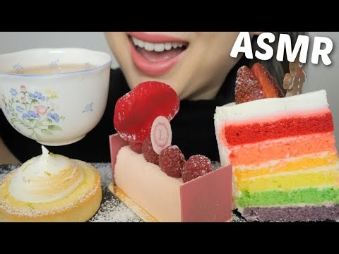 ASMR Mini Cakes *Ladurée Lemon Tart, Raspberry Mousse with Rainbow Cake NO TALKING Eating Sounds|N.E