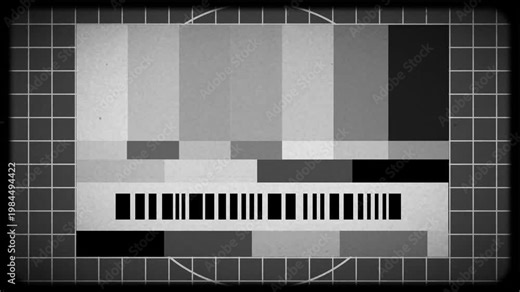 Classic Television Test Pattern Display with Grayscale Bars, Analog Signal Noise, and Retro Screen Effect