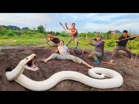 Terrifying! A group of brave hunters capture a giant white python.