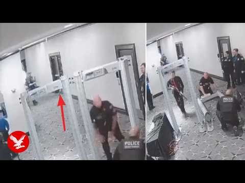Guard dog appears to sniff out Cole Allen seconds before he charges security gate