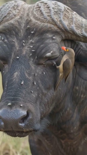 Oxpecker carefully remove a giant tick from the sensitive eyelid of a massive Cape Buffalo