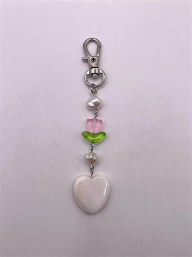 Simple Spring Heart Flower Keychain Pink and Green - Etsy
