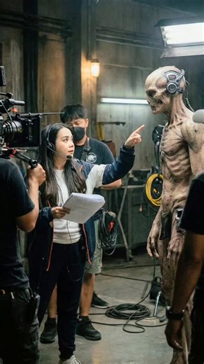 pure movie magic in action. 🎥👤 behind every terrifying sci-fi creature on screen is a dedicated team telling them exactly where to stand. love the contrast in this shot! #filmmaking #setlife #behindthescenes #director #alien #sfxmakeup #creaturefx #bosslady #moviebts #scifi #viral #fyp #reelsfb | Pap Ancient