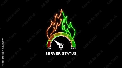 Dynamic neon server status gauge with fiery overload effect glowing performance indicator for tech and I T presentations data center monitoring and digital dashboard interfaces