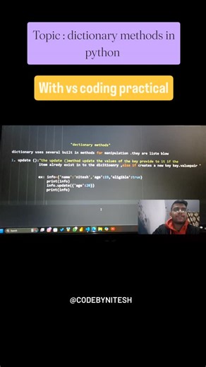 Nitesh singh negi on Instagram: "In this video i am explian how to work update method in dictionary with practical knowlegde . . . . . . . . . #PythonForBeginners #engineering #coder #instagood #reelsinstagram"