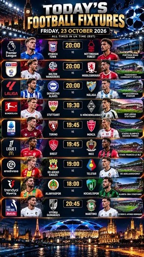 🚨 Today's Football Fixtures! Premier League, LaLiga, Bundesliga & Serie A Schedule (Oct 23, 2026) ⚽️