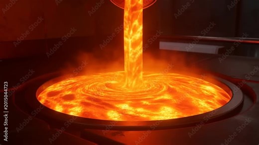 Slow motion close up of molten metal pouring and swirling into circular crucible in industrial foundry casting plant