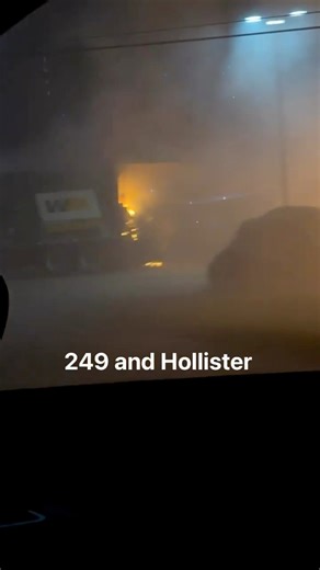 TX-249 at Hollister Road — A Hood News Peep captured video of a garbage truck on fire. No injuries have been reported. Fire Department responded to the scene and worked to extinguish the flames. | Grizzy's Hood News