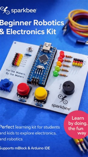 Sparkbee Foundation on Instagram: "Sparkbee Beginner Robotics & Electronics Learning Kit Designed especially for students and young learners, the Sparkbee Learning Kit is the perfect starting point for exploring electronics, robotics, and coding. This all-in-one practice kit comes with essential components that help learners understand core concepts through hands-on experimentation. The kit includes an Arduino Nano, LEDs, buzzer, potentiometer, push buttons, LDR sensor, and male connectors to ea