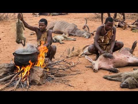 Hunting of the primitive Hadzabe tribe: Cooking prey in the ancient ways of humankind