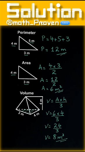 Math_proven on Instagram: "Can you calculate this correctly? 🤯🔥 Perimeter, Area, and Volume in one problem! Look at the triangle and solid figure 👇 Learn how to find perimeter, area, and volume step by step using simple formulas.📚🌍 This reel explains basic geometry in an easy way. Perfect for students learning math formulas, geometry basics, and problem solving. Simple steps. Clear explanation. Easy to understand for everyone. Comment if you got the answers right Watch till the end Follow @