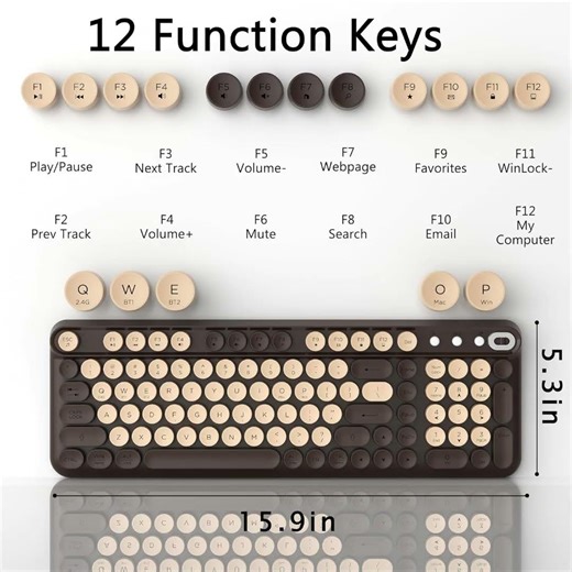 Wireless Bluetooth Keyboard, Full-Size Retro Typewriter