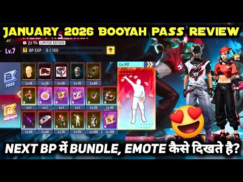 NEXT JANUARY MONTH BOOYAH PASS 2026 FREE FIRE NEW ELITE PASS SEASON 37 FULL REVIEW BUNDLE FF EMOTE