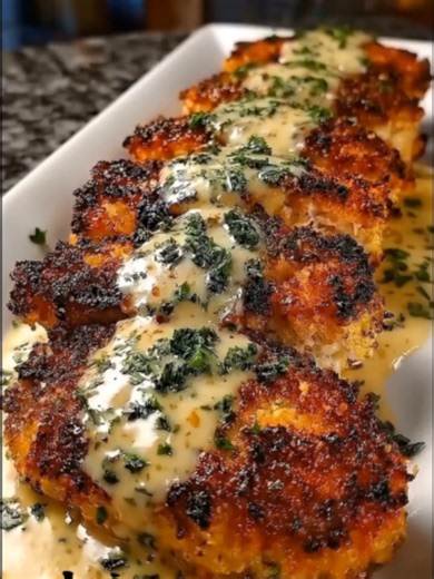 Crispy Parmesan Chicken with Garlic Sauce Ingredients: 2 boneless, skinless chicken breasts ½ cup all-purpose flour ¾ cup Panko breadcrumbs ½ cup grated Parmesan cheese 2 large eggs, beaten 1 tsp garlic powder 1 tsp Italian seasoning ½ tsp salt ½ tsp black pepper 3 tbsp olive oil 3 tbsp butter 4 cloves garlic, minced 1 cup heavy cream ½ cup grated Parmesan cheese (for sauce) 2 tbsp fresh chives, chopped Directions: Slice chicken breasts horizontally into thinner cutlets and pound to even thickne