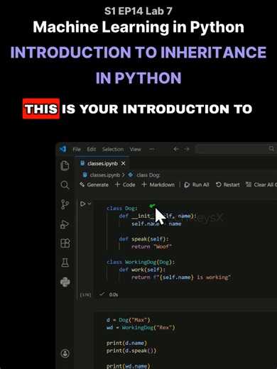 V - S1 EP14 Lab 7 - Machine Learning in Python - Introduction to Inheritance - in Python #vscode #dataengineering #codingforbeginners #machinelearningbasics #jupyterlabs #statistics #machinelearningtutorial #mlforbeginners #machinelearningmodels #python #datascienceforbeginners #softwaredeveloper #datascience #PythonForDataScience #pythoncoding #machinelearning #jupyternotebook #learntocode #algorithims #learnpython