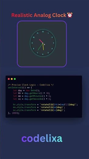 Build a Realistic Analog Clock in Seconds! #JavaScript #Shorts #Codelixa