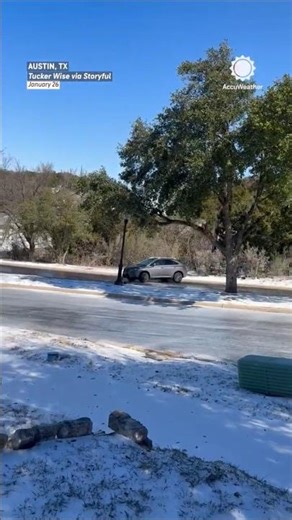 Car Spins and Spins on Icy Road in Texas