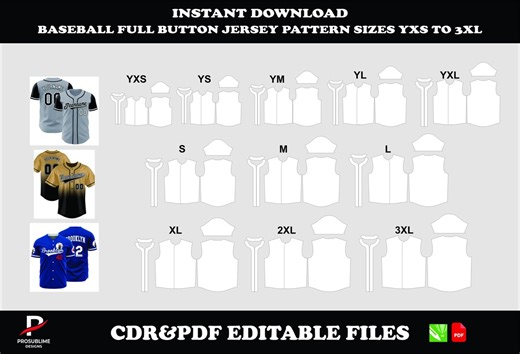 Baseball Full Button Jersey Sewing Pattern (CDR & PDF Digital Download) Sizes YXS to 3XL - Etsy
