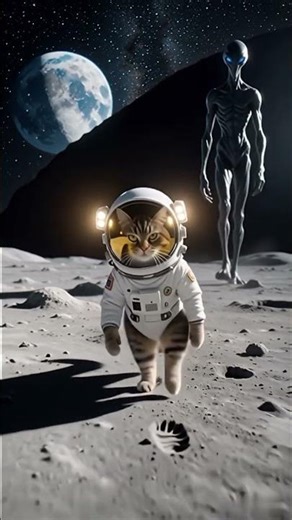 Astro Cat Walking on Moon with Grey Alien 🌕🐈