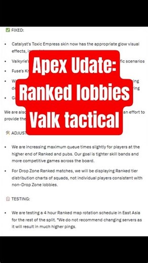 Apex Update Today: Valk Tatical Fix + Ranked Lobby Changes