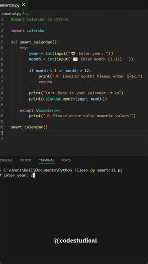 Smart Calendar in Python 🤖📅 User input, validation & output Subscribe for Python + AI💯#shorts#python