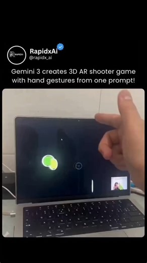 RAPIDX AI on Instagram: "🎮🤯 Gemini 3 just created a full 3D AR shooter game from ONE prompt No coding. No engine setup. Just a single prompt → and it generated a 3D AR game that you control using hand gestures in real space. 🖐️ Gesture-based controls 🌐 Augmented reality gameplay ⚡ Instant game logic + visuals This is a glimpse of where AI is heading: from ideas → playable worlds in minutes. Game dev, AR, and AI just collided in a big way. #Gemini3 #AIGaming #AugmentedReality #HandTracking #G
