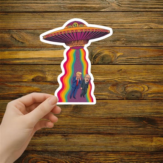 Funny UFO Abduction Sticker | Alien Spaceship Rainbow Beam Art | Political Parody Cartoon Decal | Sci-fi Humor Laptop Sticker - Etsy