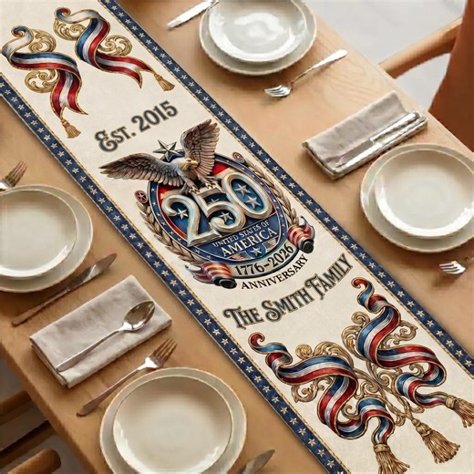 Personalized America 250th Anniversary Table Runner, Patriotic Decor 1776-2026, Custom Family Name 4th of July Party, Custom Est Year - Etsy