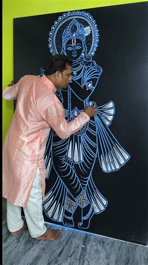 How to Draw Lord Krishna with Flute 💙🦚 | Blackboard Chalk Art #KrishnaArt#ChalkArt#KrishnaDrawing