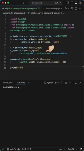 Elliptic Curve in Python - Used to generate unbreakable Passwords #python #coding #programming Most Python password generators rely on random strings or passphrases — but they can't compete with elliptic curve cryptography. In this short I show you how to use ECC (SECP256R1) to generate a cryptographically secure 256-bit password in just a few lines of Python. We walk through the private key, the Discrete Logarithm Problem, Point Multiplication, and SHA-256 hashing — and why this method is 2026 