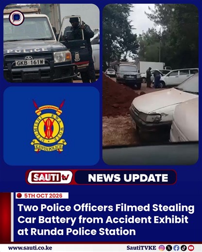 Two police officers have been captured on a now-viral video allegedly stealing a car battery from a Toyota Probox parked at Runda Police Station. The vehicle was reportedly being held as an accident exhibit. In the footage, the two officers, dressed in uniform, are seen removing the battery and transferring it into a police Toyota Land Cruiser. The incident was reportedly filmed by an anonymous visitor at the station. The video has since sparked widespread outrage online, raising serious questio