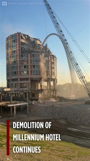 Demolition on the Millennium Hotel, which began nearly a year ago, continues. Officials are hoping to transform the site with new housing, office space, an amphitheater, a food hall and other amenities. Video by Laurie Skrivan. #stl #stlouis #demolition