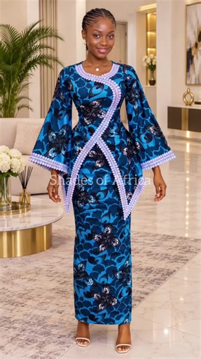 Elegant Blue Ankara Maxi Dress with Lilac Pom Pom Trim