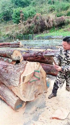 Worker trimming the head of cedar wood with axes
