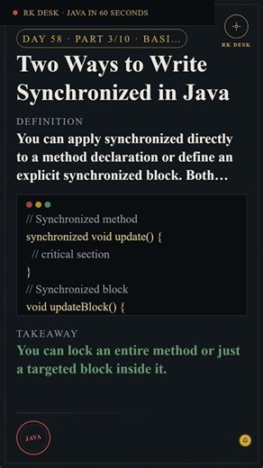 Day 58 Pt 3/10: Two Ways to Write Synchronized in Java #Shorts