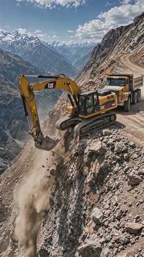 Excavator Pushed Off a Cliff by Dump Truck 😱 Shocking Mountain Accident!