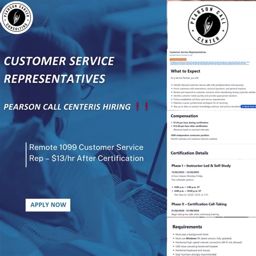 Customer Service Representative – Bilingual (English/Spanish) 📌 Pearson Call Center is HIRING ❗❗ 📍 Remote – Multiple U.S. States 💼 1099 Independent Contractor 🕒 Flexible Weekday & Weekend Hours 💰 $17.00/hour 🌎 Bilingual: English / Spanish 📩 Apply Here: https://pearsoncallcenter.com/job/customer-service-representative-bilingual-english-spanish/ Pearson Call Center is hiring Bilingual (English/Spanish) Customer Service Representatives for a remote healthcare scheduling program 🏥📞 This 109