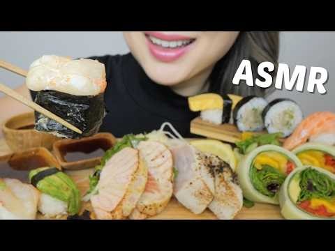ASMR *SUSHI Assorted Nigiri, Aburi Salmon & Tuna Sashimi with Mango Garden Roll NO Talking | N.E