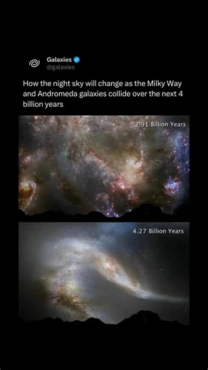 Galaxies on Instagram: "The Andromeda Galaxy and the Milky Way are on a slow-motion collision course that will completely reshape our night sky — but not for about 4 billion years. Andromeda is our closest large galactic neighbor, roughly 2.5 million light-years away, and it’s actually moving toward us at about 110 kilometers per second. Both galaxies are spirals filled with hundreds of billions of stars, huge clouds of gas and dust, and dark matter halos whose gravity is pulling them together. 