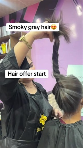 Check out this smoky grey hair look with super smooth, silky, and beautiful highlights. It's a modern style, enhanced with a Blossom Game finish! 😍 #SmokyGreyHair #HairGoals #ModernLook #BlossomGame #HairTransformation