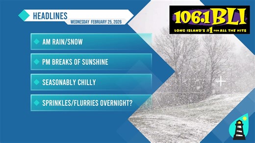 📰WEATHER HEADLINES📰 February 25th, 2026 Rain and snow this morning will clear out by midday with breaks of sunshine later today. Temps will top off around average and could we see a few more flurries and sprinkles tonight? Don Todays weather headlines are brought to you by 106.1 BLI Long Island’s #1Station For All the Hits | Islandwide Weather