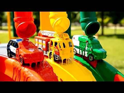 Learn Colors with Toy Cars! Slide and Splash Surprise for Kids