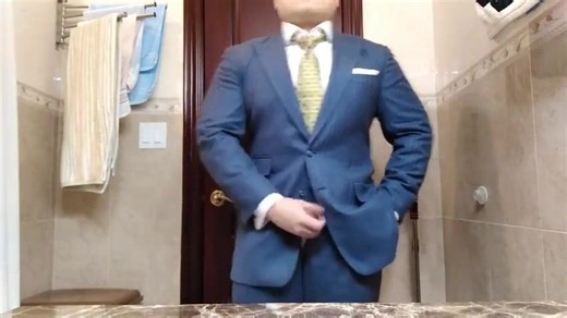 Hairy straight dude in suit jerks off to his hot solo play