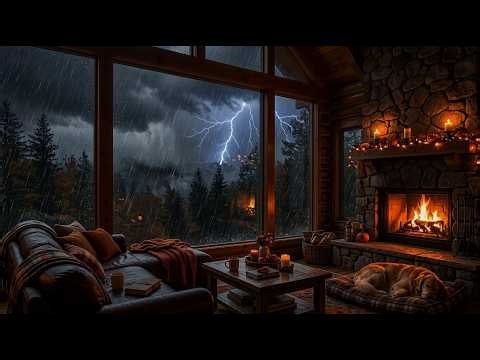 Cozy Cabin Heavy Rain 🌧️ Thunder, Fireplace & Sleeping Dog for Relaxation.