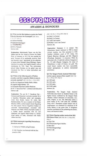 SSC PYQ AWARD AND HONOURS ‼️SSC MTS HAWALDAR EXAM || STATIC GK 📢 SSC CGL |CHSL |MTS |ONE SHOT NOTES