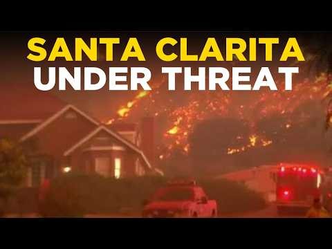CALIFORNIA WILDFIRE LIVE | Aerials of Pointe Fire Threatening Homes in Santa Clarita