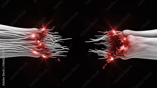 Achilles tendon injury close-up showing torn fibers and inflammation in a medical illustration